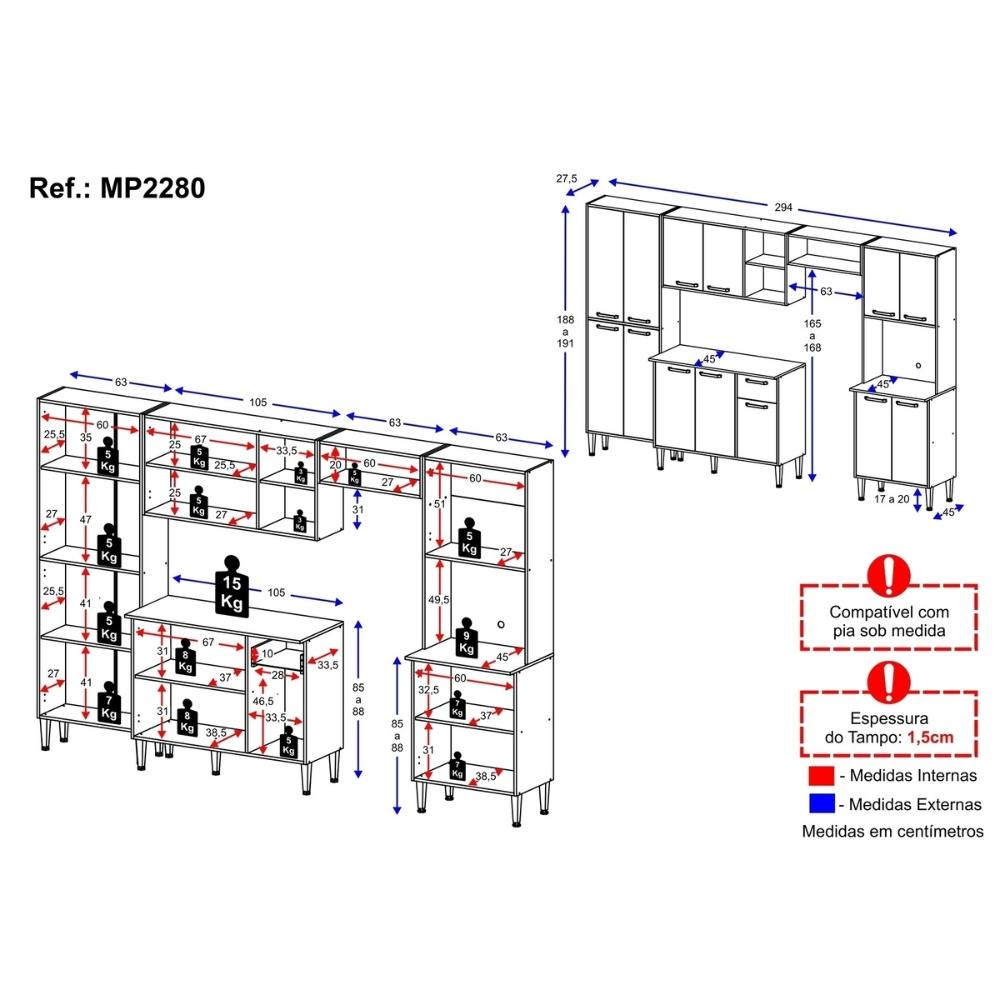 Armário de Cozinha Modulada Completa Compacta 294cm com Balcão de Pia Multimóveis MP2280 Branco