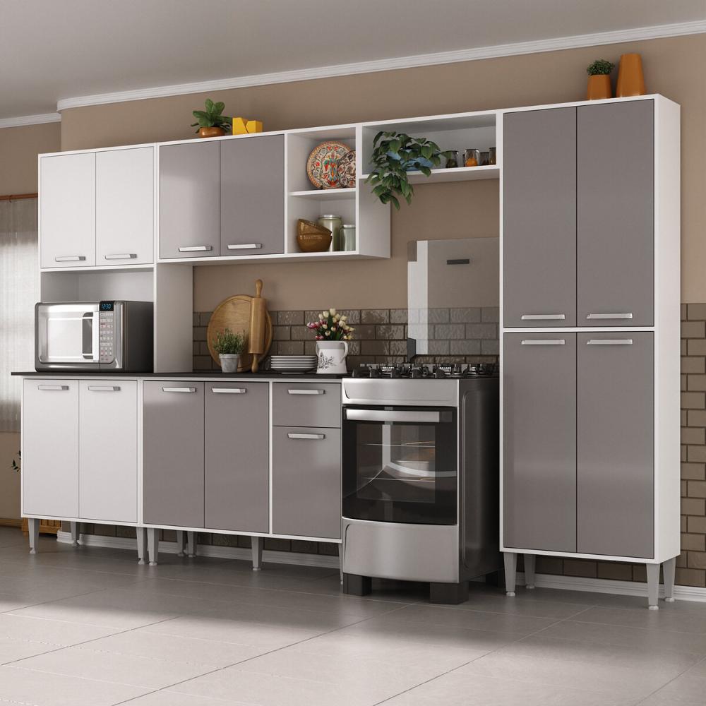 Armário de Cozinha Modulada Completa Compacta 294cm com Balcão de Pia Multimóveis MP2280 Branco/Lacca Fumê