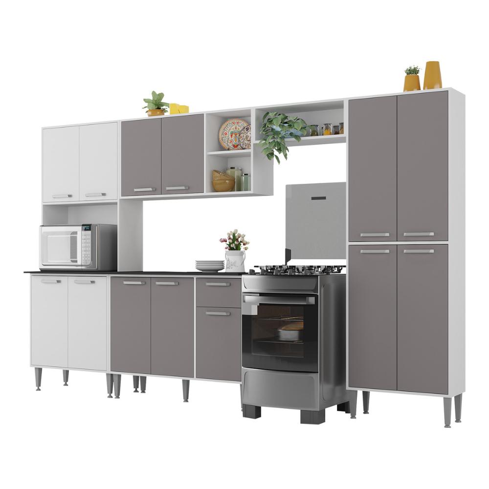 Armário de Cozinha Modulada Completa Compacta 294cm com Balcão de Pia Multimóveis MP2280 Branco/Lacca Fumê