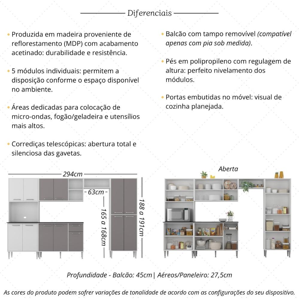 Armário de Cozinha Modulada Completa Compacta 294cm com Balcão de Pia Multimóveis MP2280 Branco/Lacca Fumê