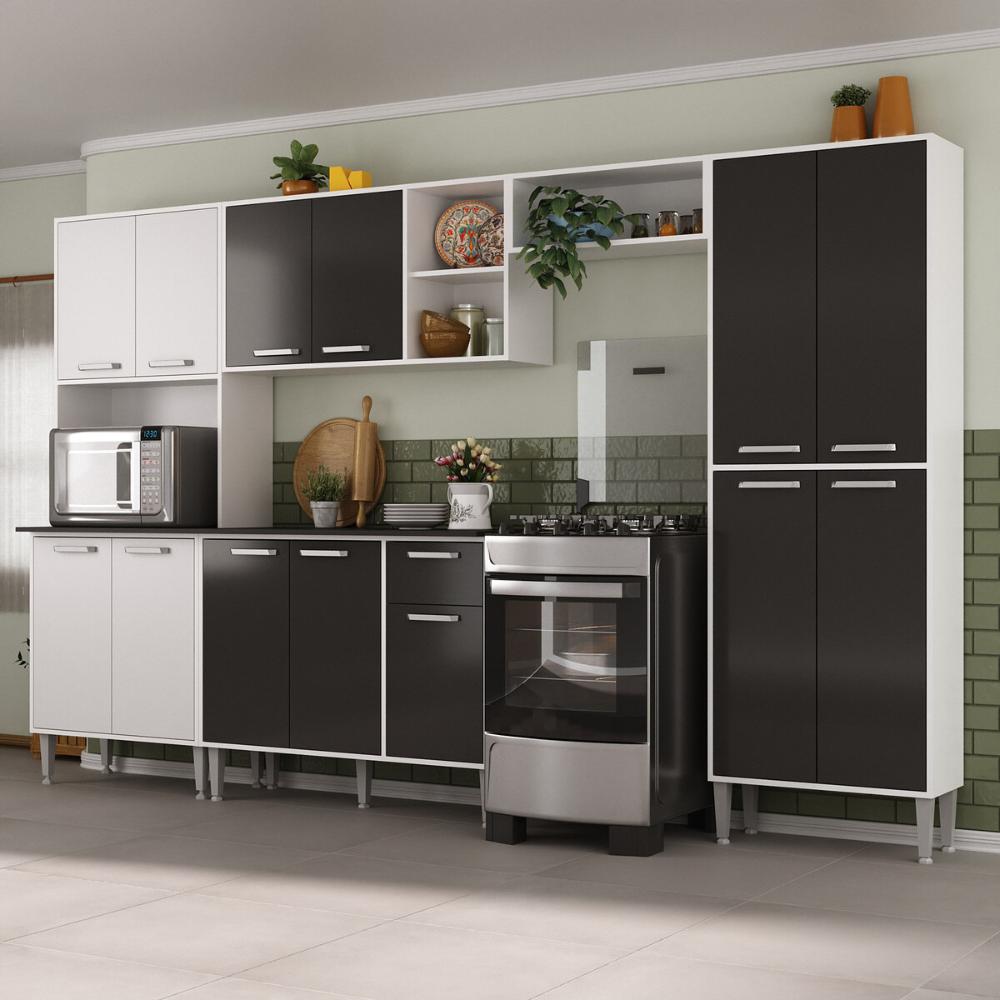 Armário de Cozinha Modulada Completa Compacta 294cm com Balcão de Pia Multimóveis MP2280 Branco/Preto
