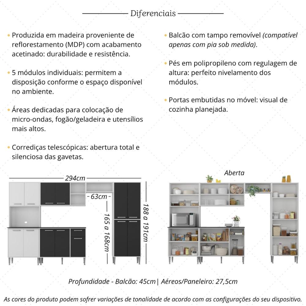 Armário de Cozinha Modulada Completa Compacta 294cm com Balcão de Pia Multimóveis MP2280 Branco/Preto