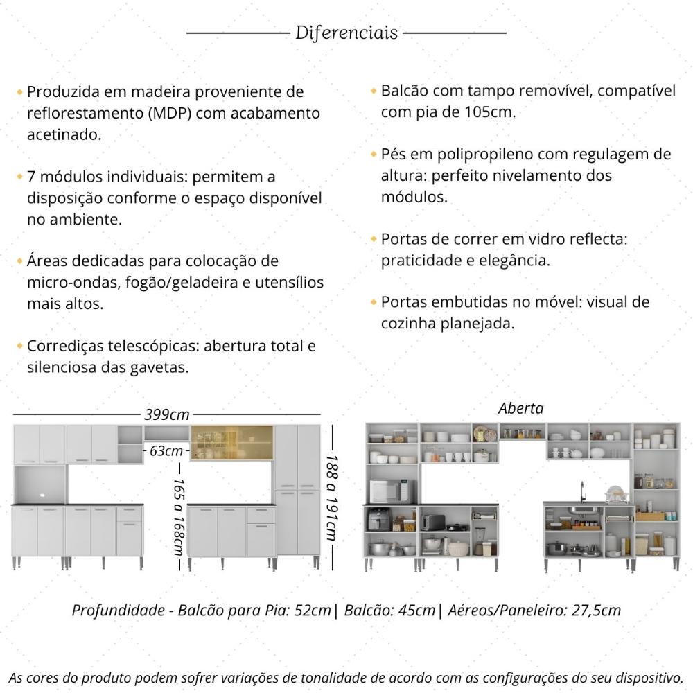 Armário de Cozinha Modulada Completa Compacta 399cm com Balcão de Pia Multimóveis MP2279 Branco