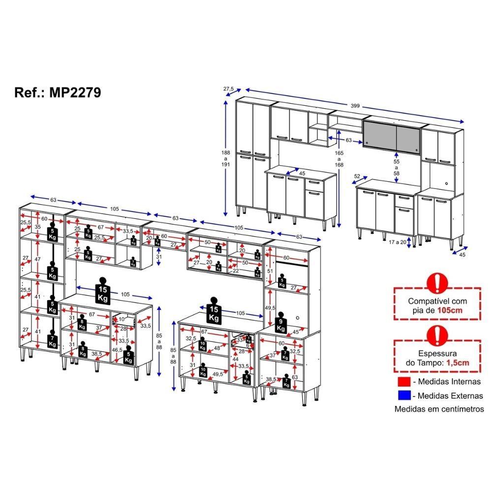 Armário de Cozinha Modulada Completa Compacta 399cm com Balcão de Pia Multimóveis MP2279 Branco
