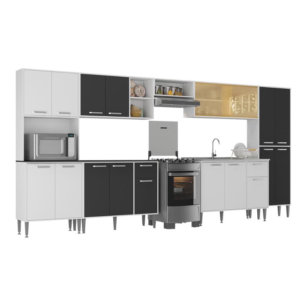 Armário de Cozinha Modulada Completa Compacta 399cm com Balcão de Pia Multimóveis MP2279 Branco/Preto