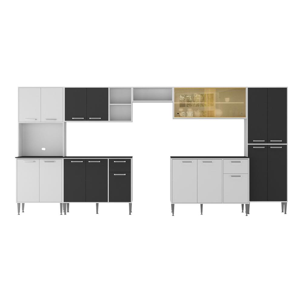 Armário de Cozinha Modulada Completa Compacta 399cm com Balcão de Pia Multimóveis MP2279 Branco/Preto