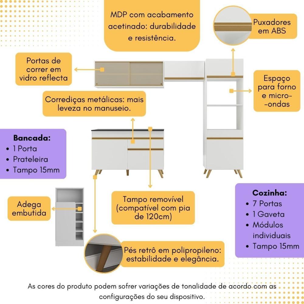 Armário de Cozinha Modulado com Bancada Americana Multimóveis MP2209 Branco/Dourado