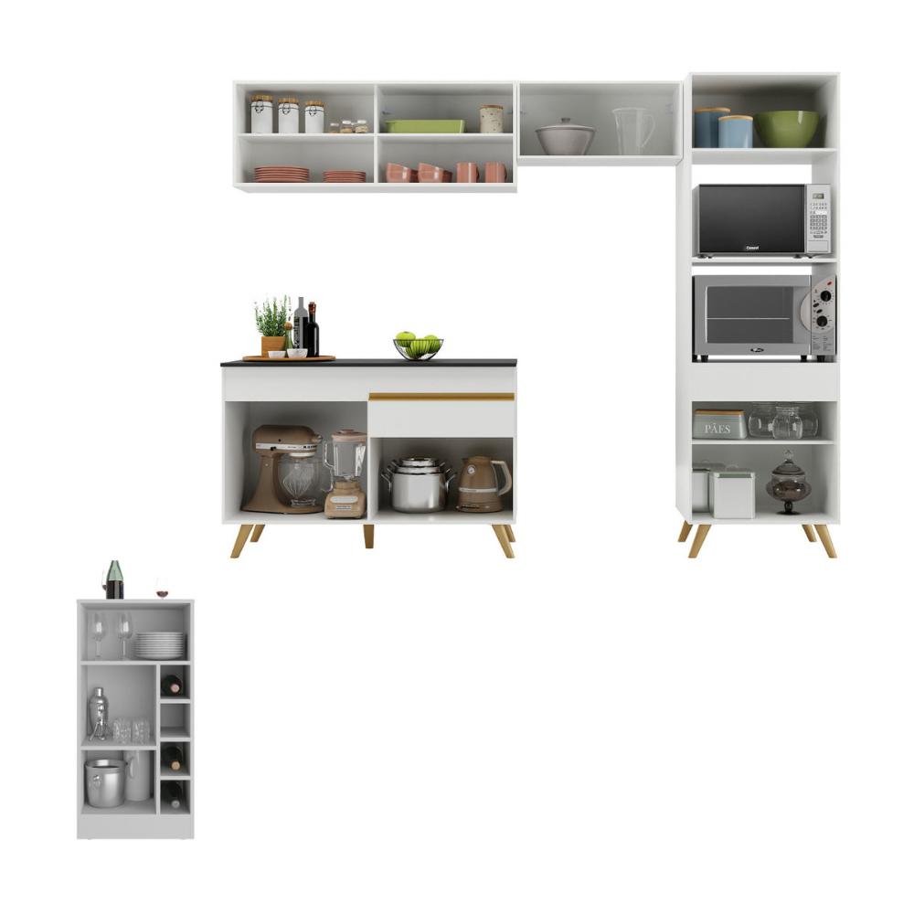 Armário de Cozinha Modulado com Bancada Americana Multimóveis MP2209 Branco/Dourado