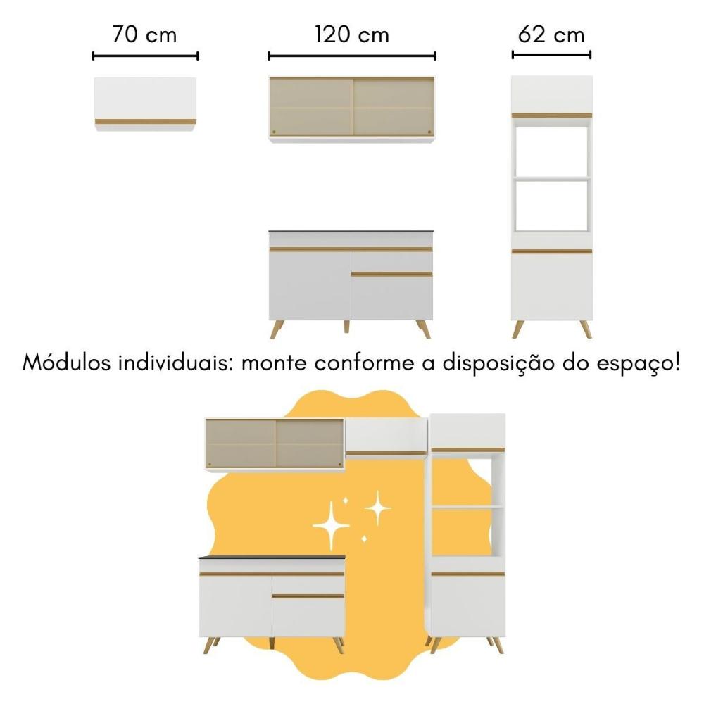 Armário de Cozinha Modulado com Bancada Americana Multimóveis MP2209 Branco/Dourado