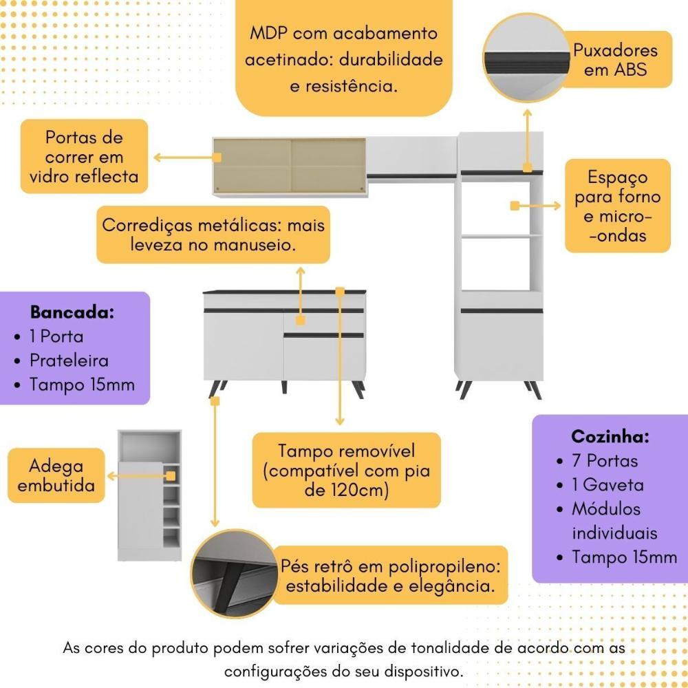 Armário de Cozinha Modulado com Bancada Americana Multimóveis MP2209 Branco/Preto