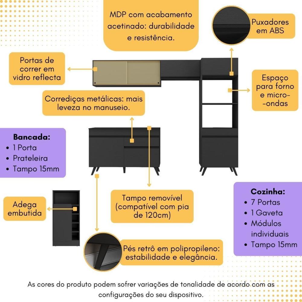 Armário de Cozinha Modulado com Bancada Americana Multimóveis MP2209 Preto