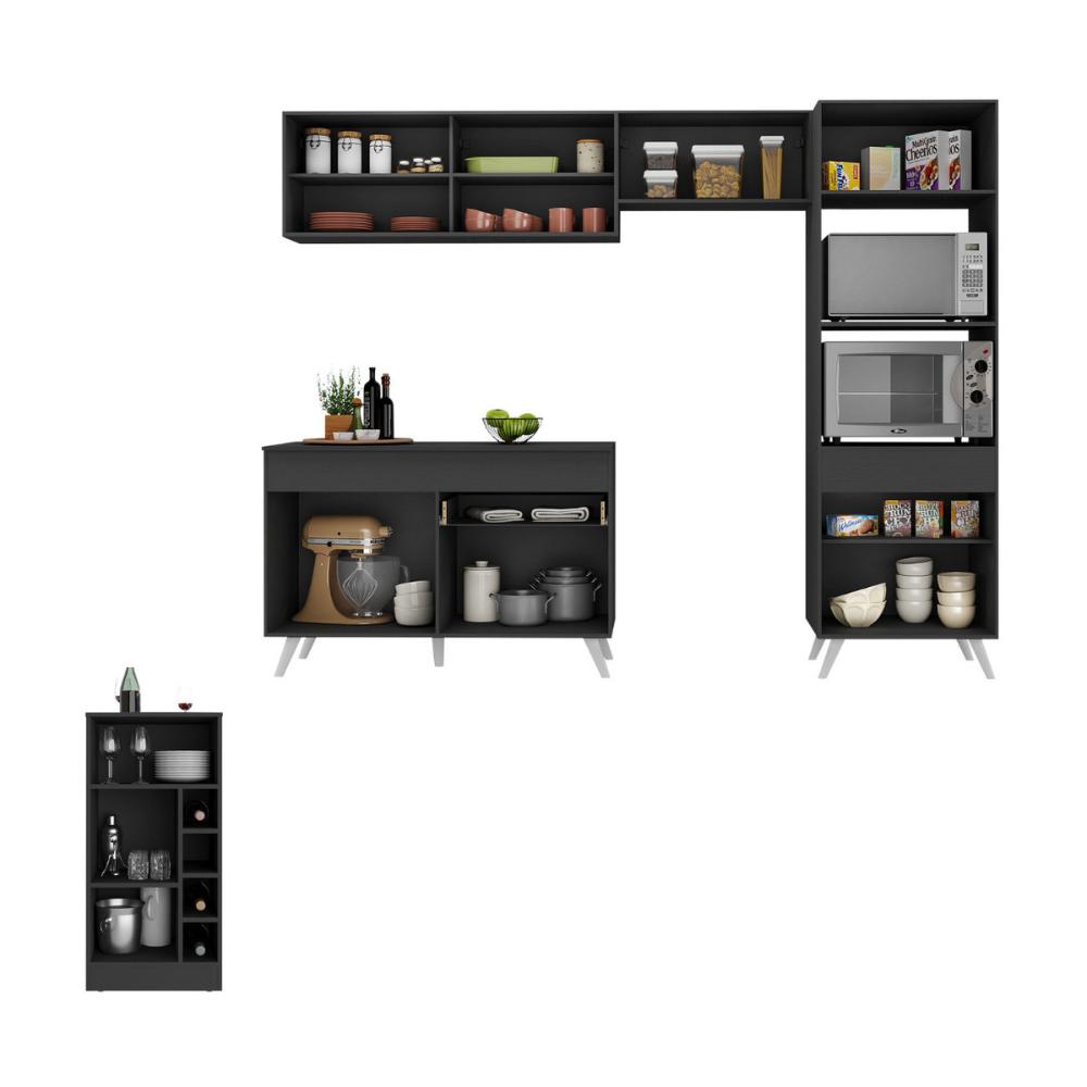 Armário de Cozinha Modulado com Bancada Americana Multimóveis MP2209 Preto/Branco
