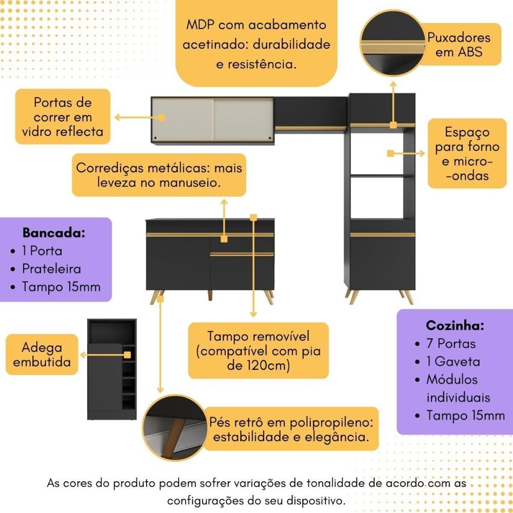 Armário de Cozinha Modulado com Bancada Americana Multimóveis MP2209 Preto/Dourado