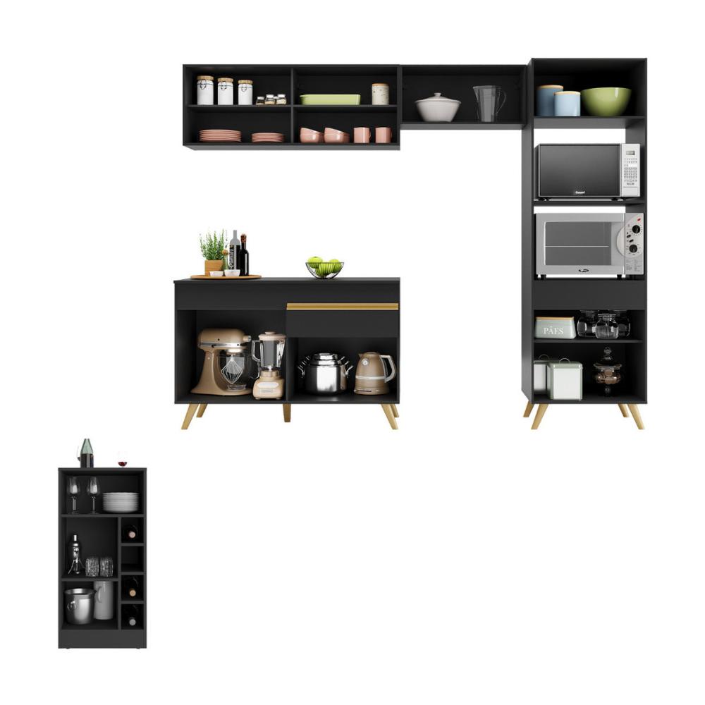 Armário de Cozinha Modulado com Bancada Americana Multimóveis MP2209 Preto/Dourado