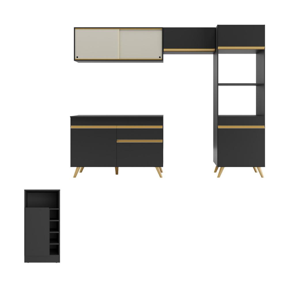 Armário de Cozinha Modulado com Bancada Americana Multimóveis MP2209 Preto/Dourado