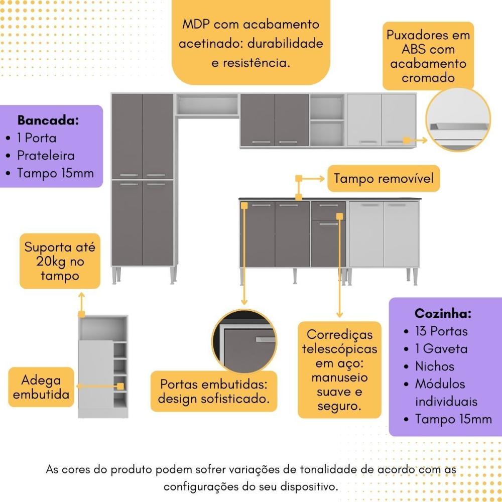Armário de Cozinha Modulado com Bancada Americana Xangai Multimóveis MP2206 Branco/Lacca Fumê