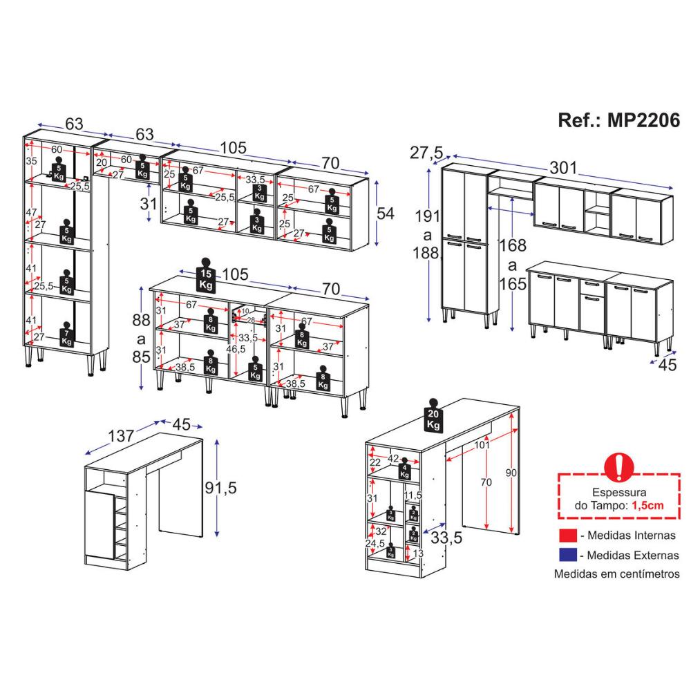 Armário de Cozinha Modulado com Bancada Americana Xangai Multimóveis MP2206 Branco/Lacca Fumê