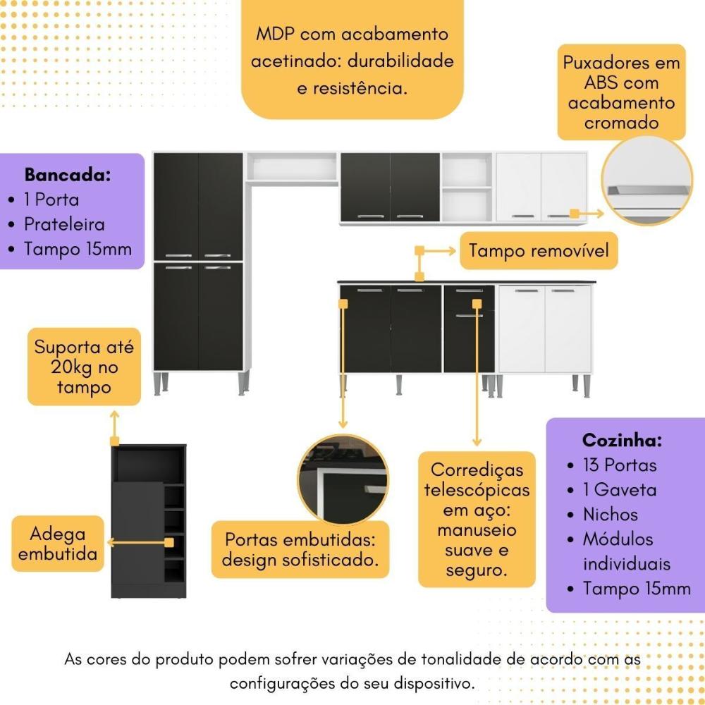Armário de Cozinha Modulado com Bancada Americana Xangai Multimóveis MP2206 Branco/Preto