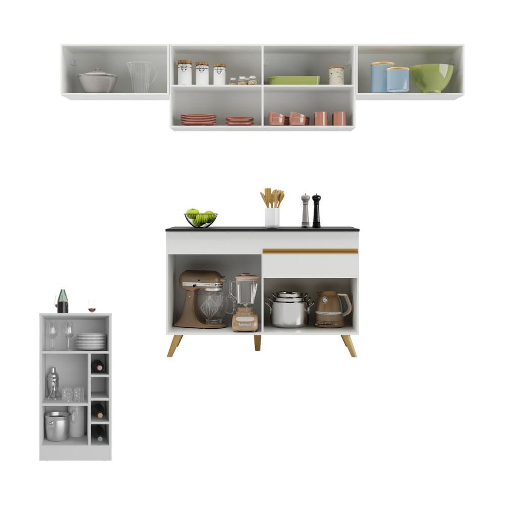 Armário de Cozinha Modulado com Bancada Veneza Multimóveis MP2212 Branco/Dourado
