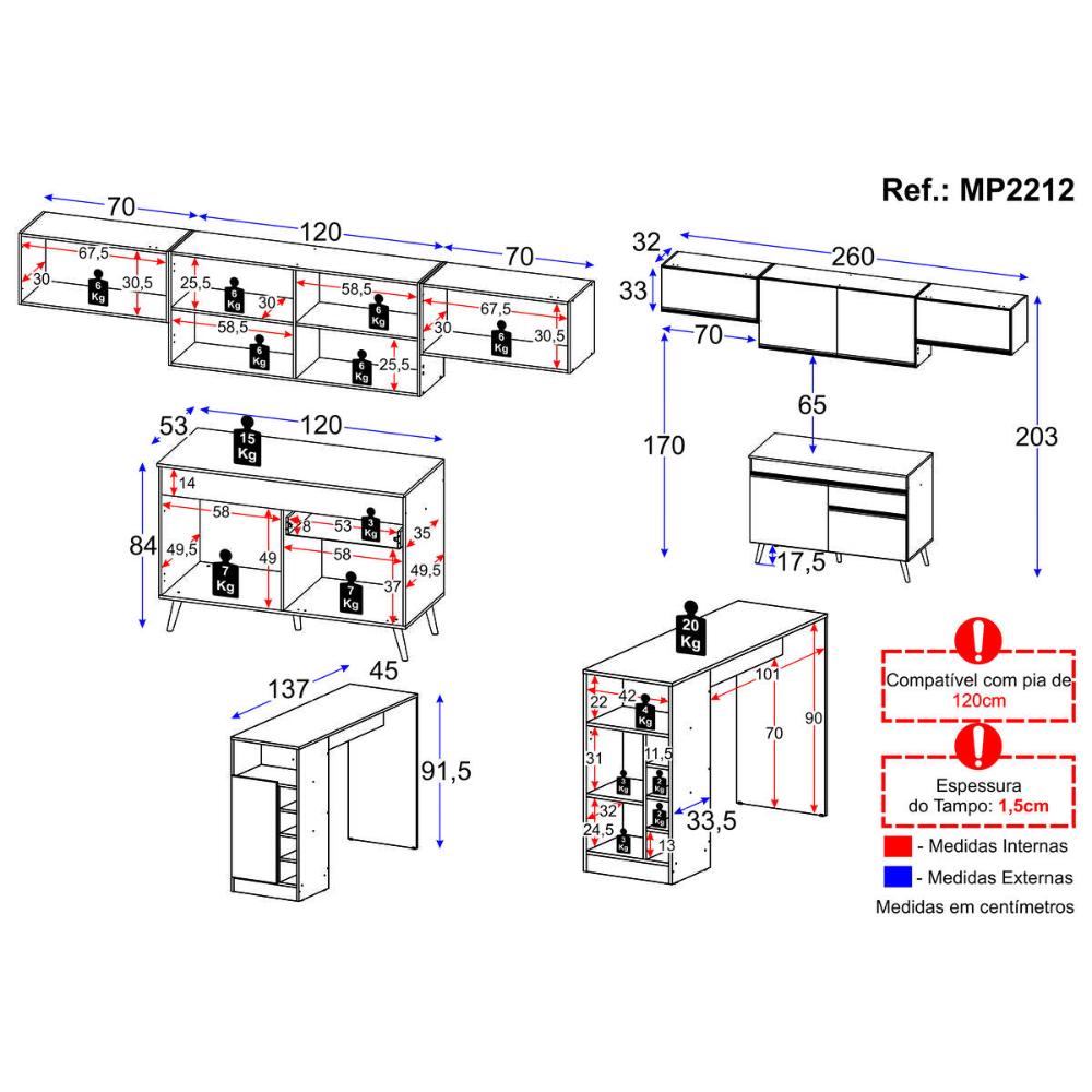 Armário de Cozinha Modulado com Bancada Veneza Multimóveis MP2212 Preto/Branco