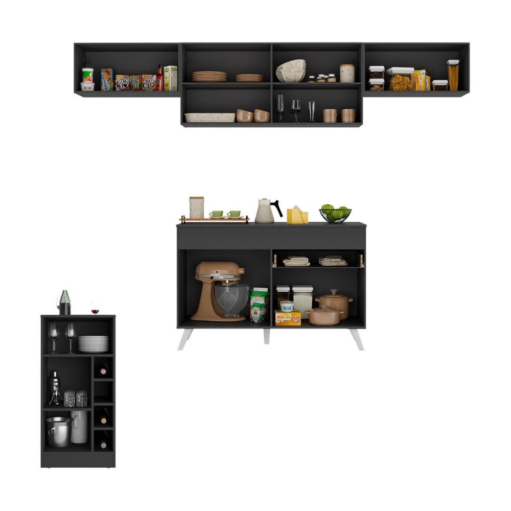 Armário de Cozinha Modulado com Bancada Veneza Multimóveis MP2212 Preto/Branco