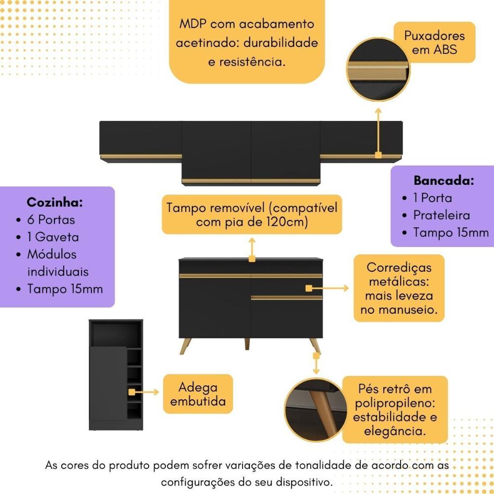 Armário de Cozinha Modulado com Bancada Veneza Multimóveis MP2212 Preto/Dourado