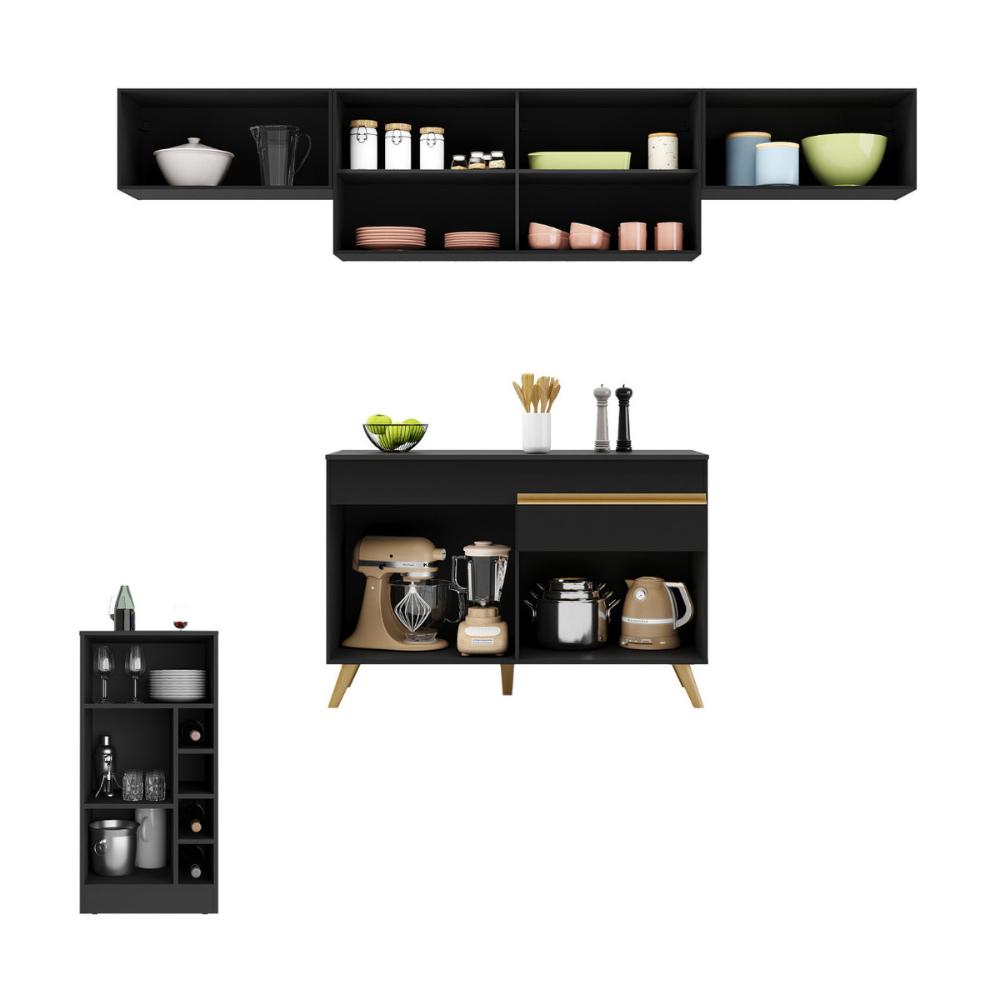 Armário de Cozinha Modulado com Bancada Veneza Multimóveis MP2212 Preto/Dourado