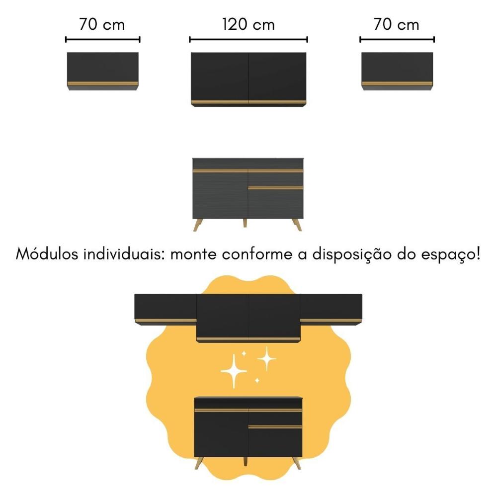 Armário de Cozinha Modulado com Bancada Veneza Multimóveis MP2212 Preto/Dourado
