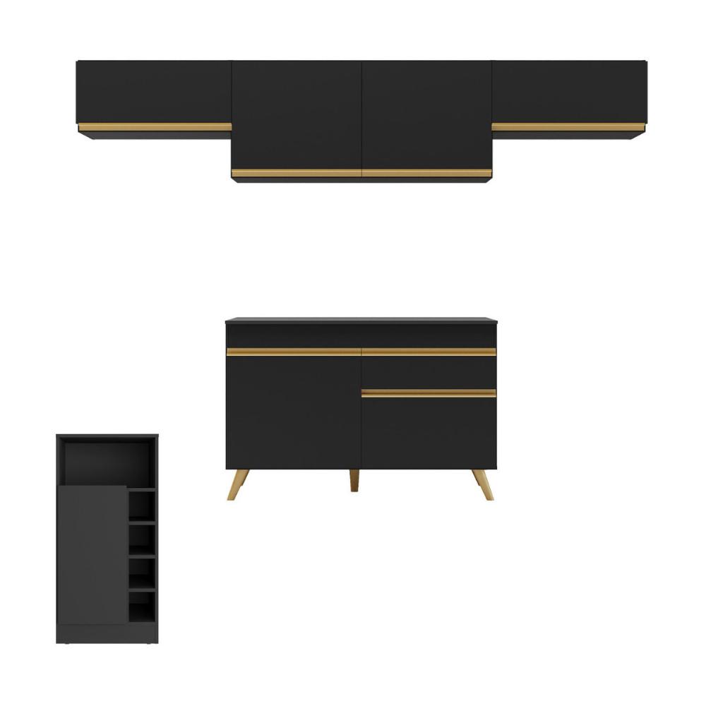 Armário de Cozinha Modulado com Bancada Veneza Multimóveis MP2212 Preto/Dourado