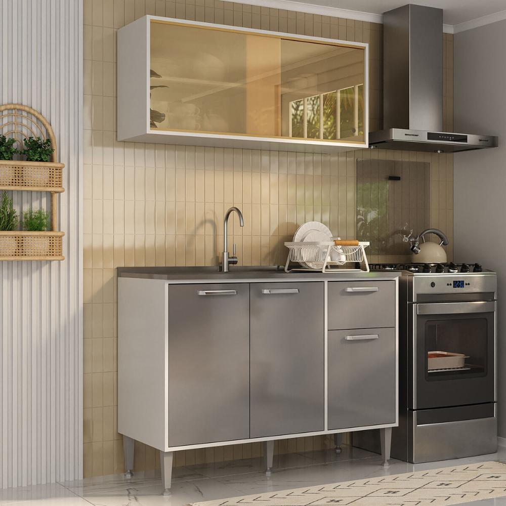 Armário de Cozinha com Balcão para Pia Siena Multimóveis MP2216 Branco/Lacca Fumê