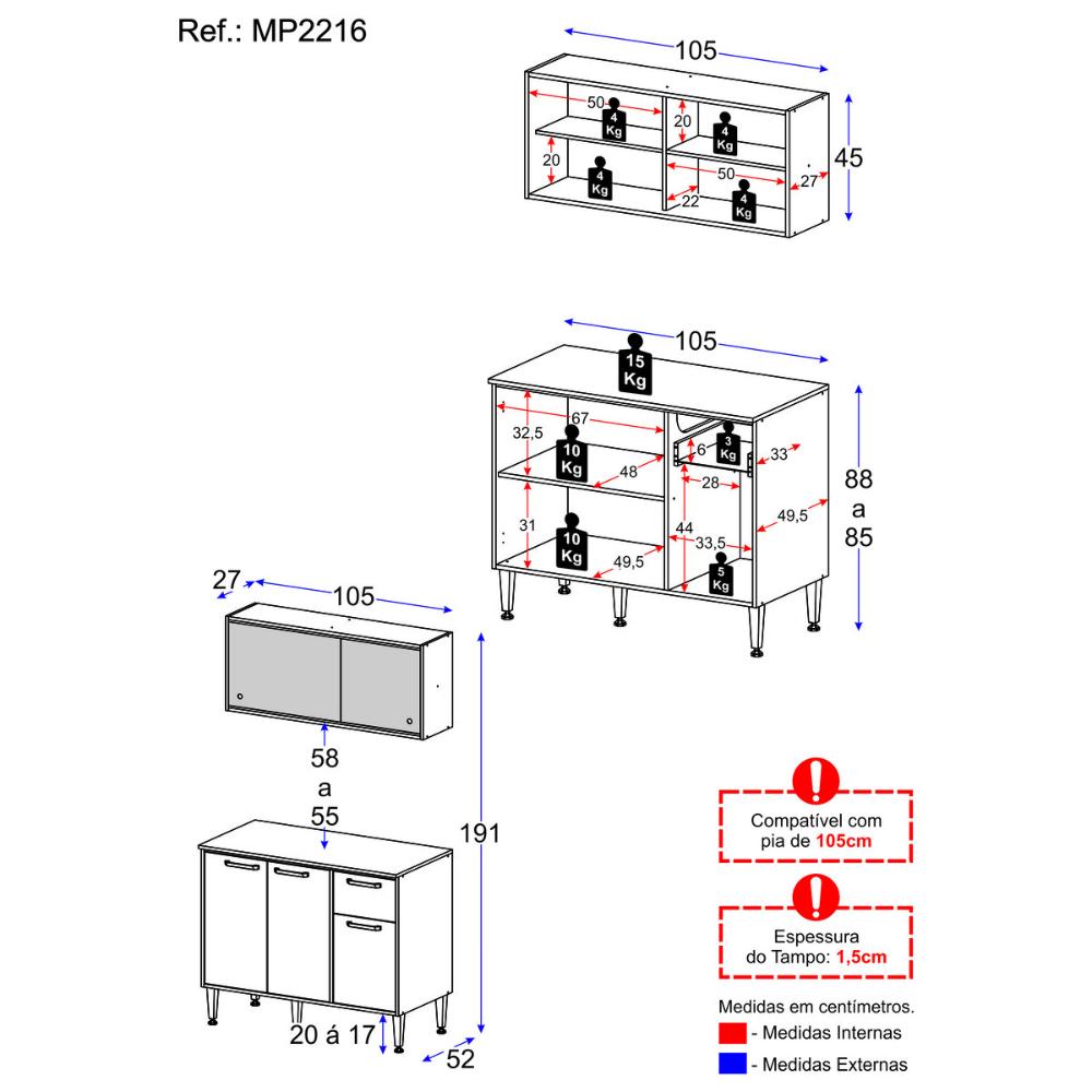 Armário de Cozinha com Balcão para Pia Siena Multimóveis MP2216 Branco/Lacca Fumê