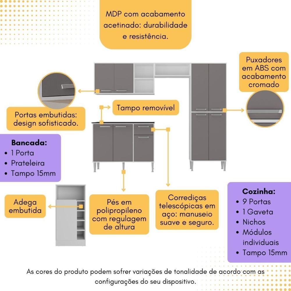 Armário de Cozinha com Bancada Americana Xangai Multimóveis MP2203 Branco/Lacca Fumê