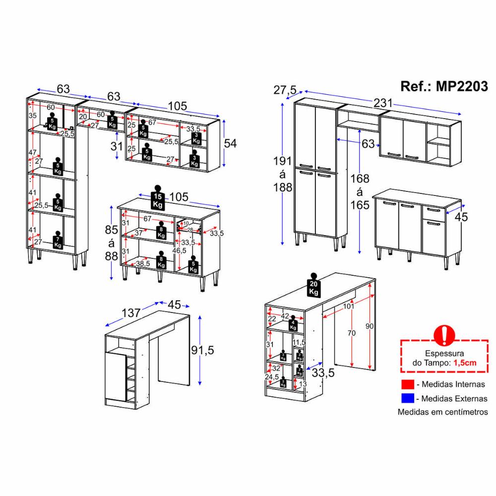 Armário de Cozinha com Bancada Americana Xangai Multimóveis MP2203 Branco/Lacca Fumê