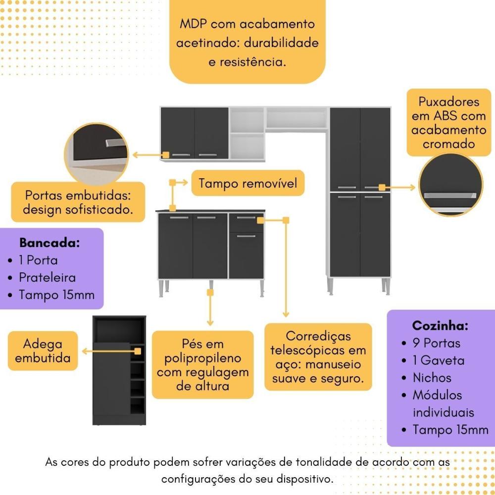 Armário de Cozinha com Bancada Americana Xangai Multimóveis MP2203 Branco/Preto