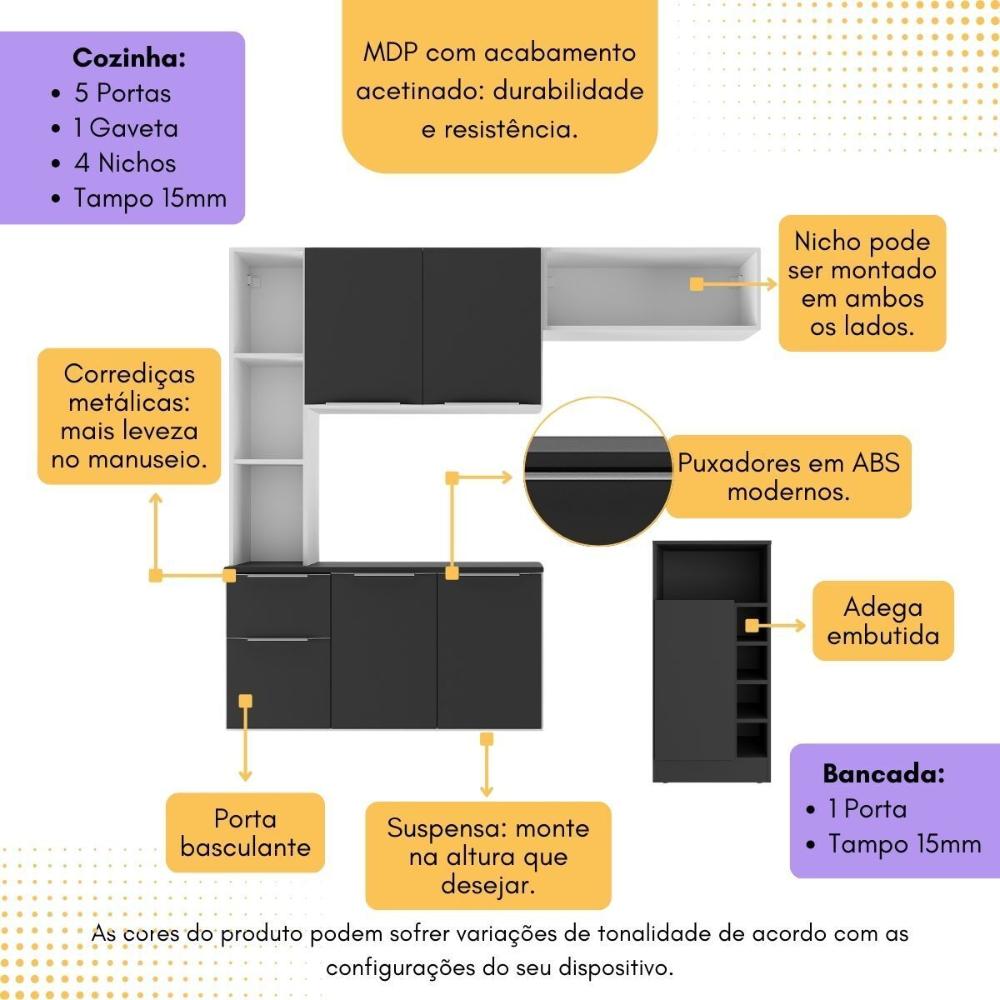 Armário de Cozinha com Bancada Americana/Mesa Gourmet Sofia Multimóveis MP2195 Branco/Preto