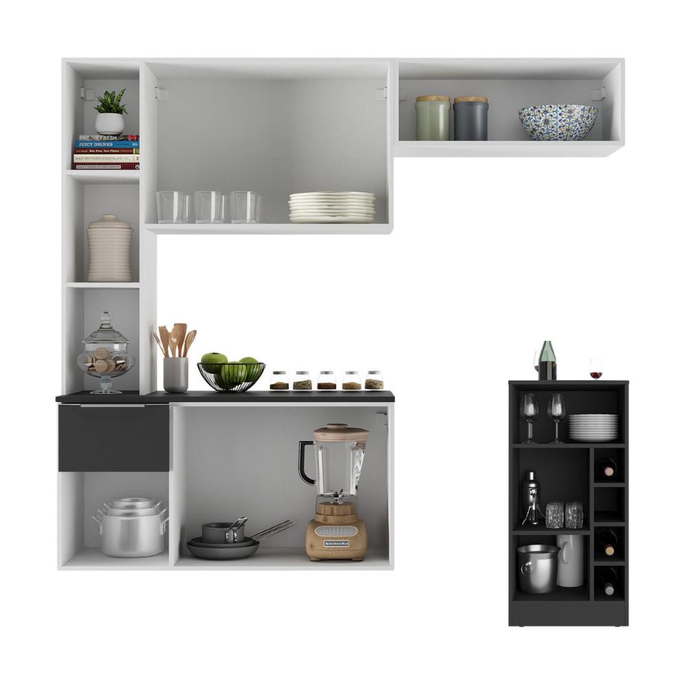 Armário de Cozinha com Bancada Americana/Mesa Gourmet Sofia Multimóveis MP2195 Branco/Preto