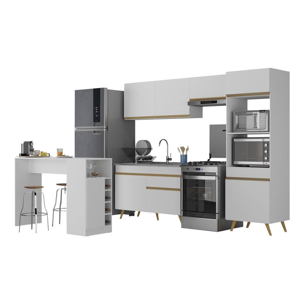 Armário de Cozinha com Bancada/Mesa Gourmet Veneza Multimóveis MP2174 Branco/Dourado