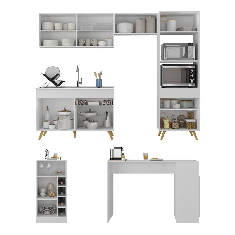 Armário de Cozinha com Bancada/Mesa Gourmet Veneza Multimóveis MP2174 Branco/Dourado