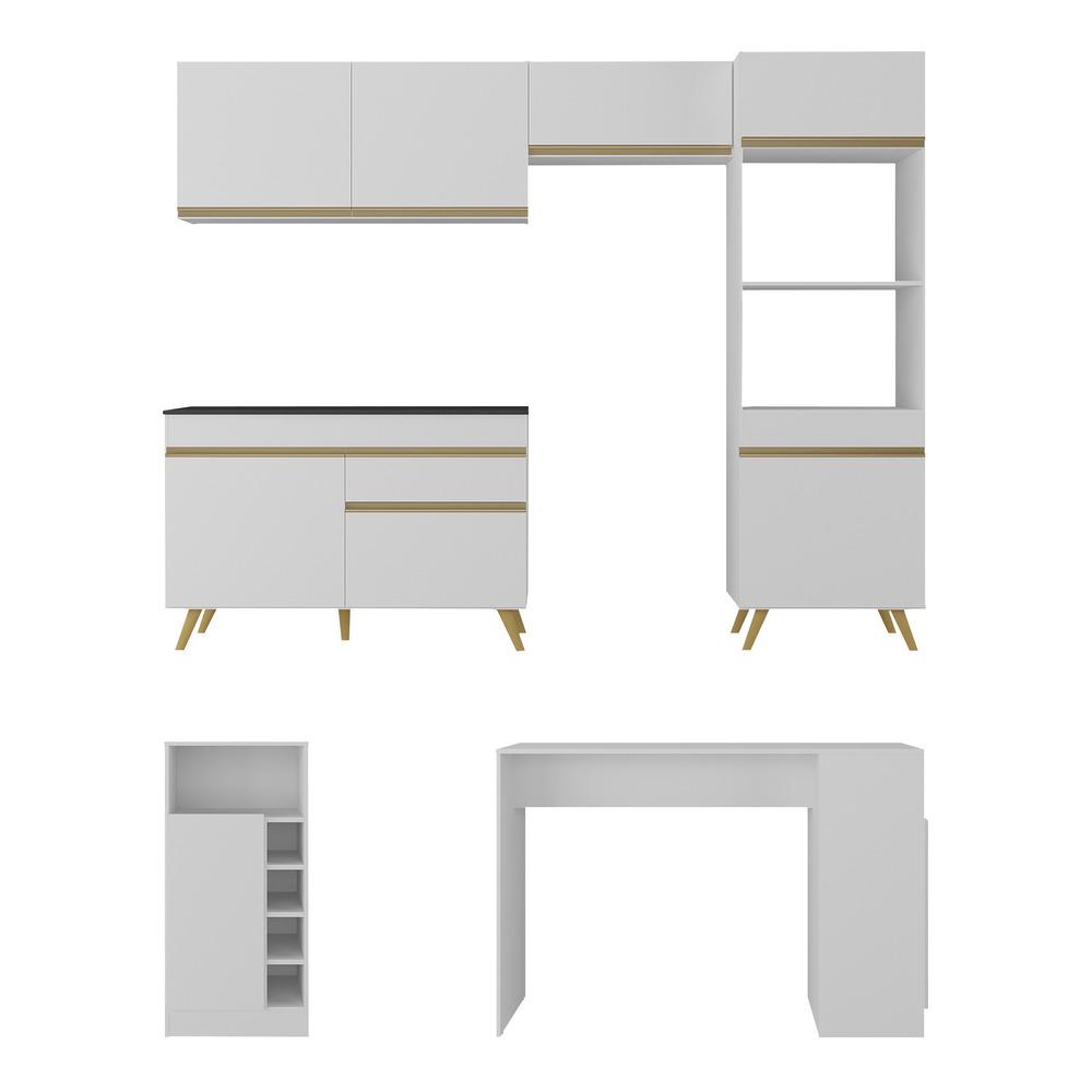 Armário de Cozinha com Bancada/Mesa Gourmet Veneza Multimóveis MP2174 Branco/Dourado