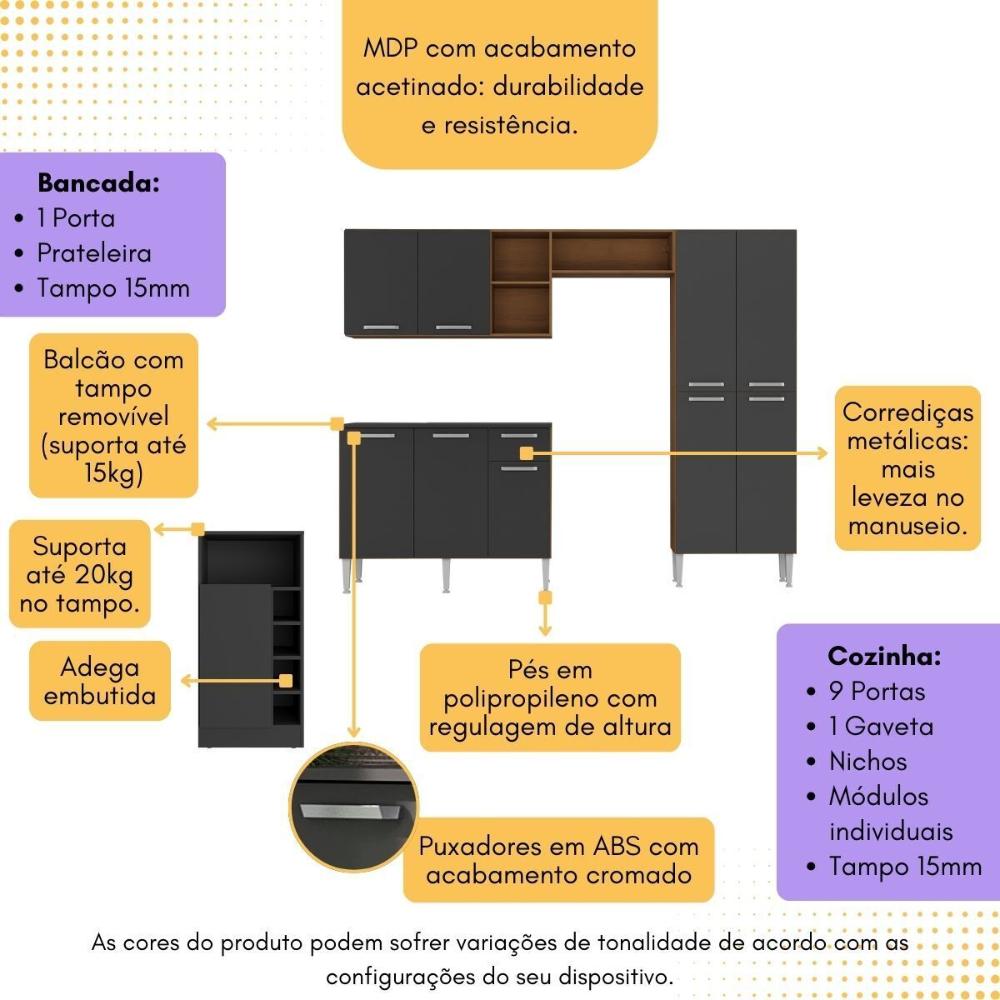 Armário de Cozinha com Mesa Gourmet Pequim Multimóveis MP2205 Carvalho Avelã/Preto