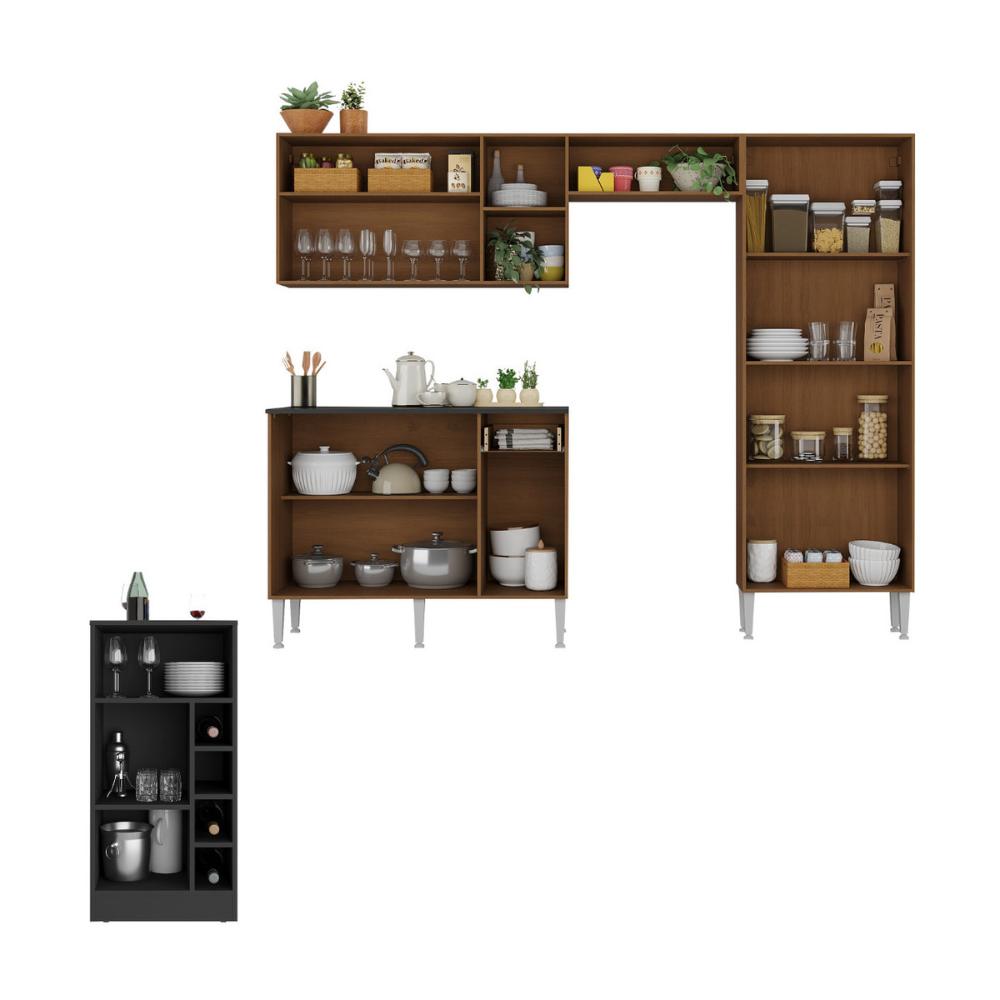 Armário de Cozinha com Mesa Gourmet Pequim Multimóveis MP2205 Carvalho Avelã/Preto