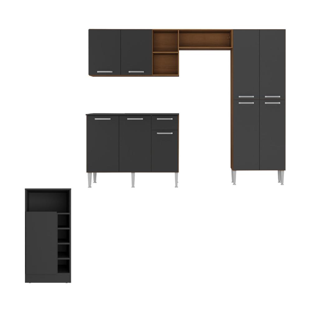 Armário de Cozinha com Mesa Gourmet Pequim Multimóveis MP2205 Carvalho Avelã/Preto