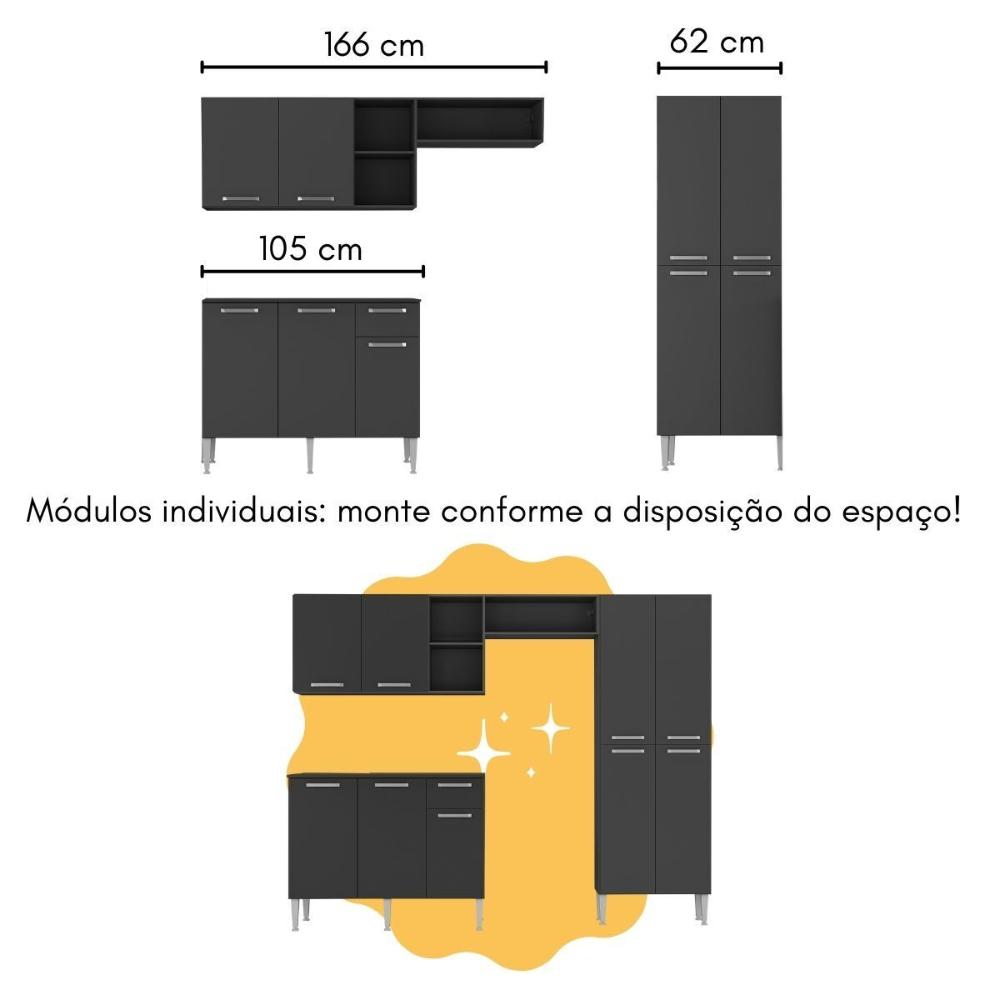 Armário de Cozinha com Mesa Gourmet Pequim Multimóveis MP2205 Preto