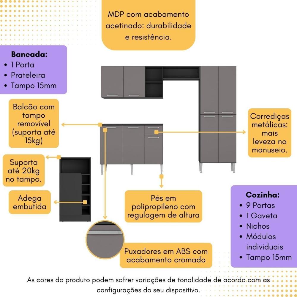 Armário de Cozinha com Mesa Gourmet Pequim Multimóveis MP2205 Preto/Lacca Fumê