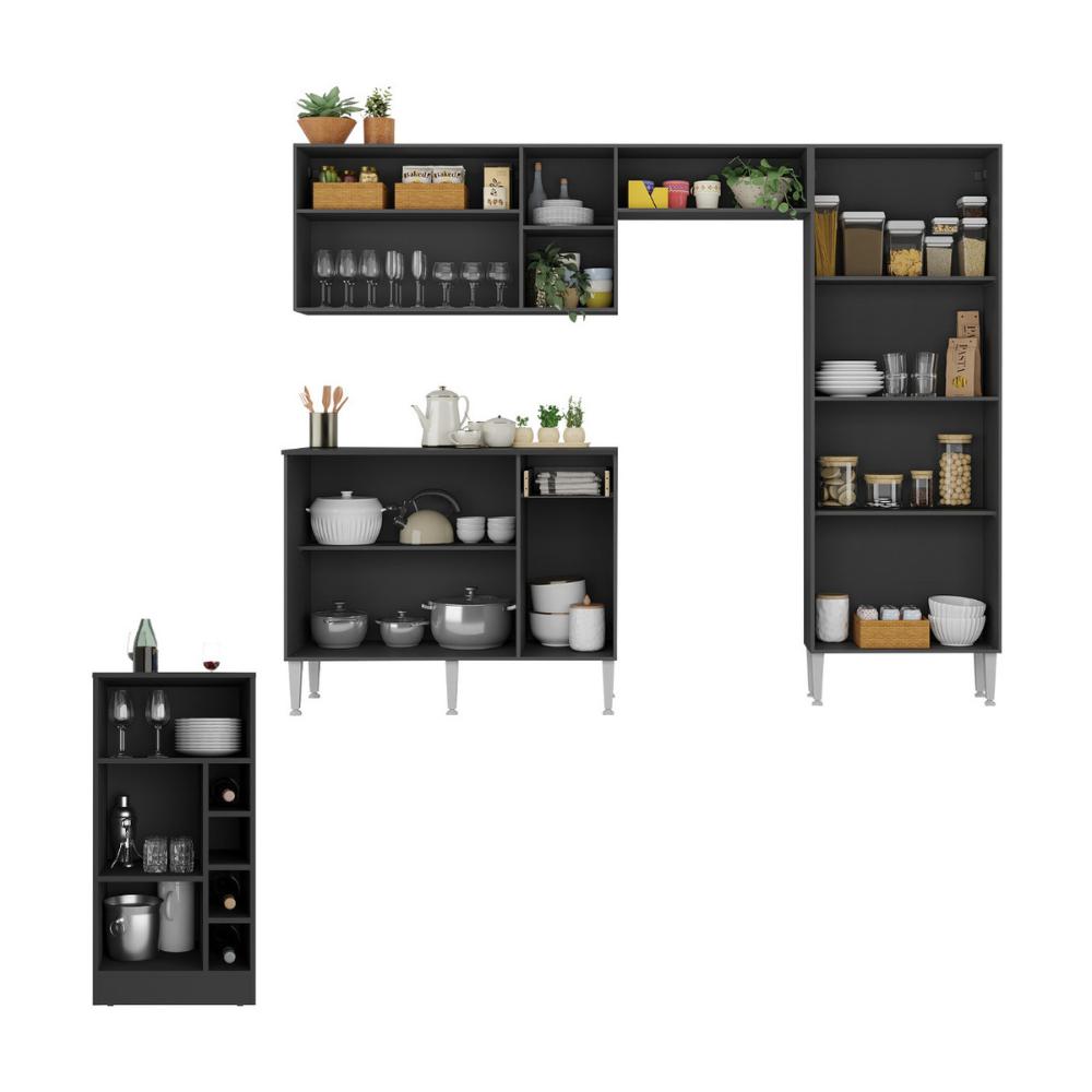 Armário de Cozinha com Mesa Gourmet Pequim Multimóveis MP2205 Preto/Lacca Fumê