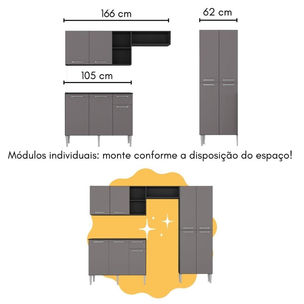 Armário de Cozinha com Mesa Gourmet Pequim Multimóveis MP2205 Preto/Lacca Fumê