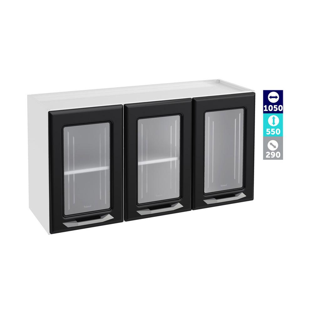 Armário de Cozinha de Aço Aéreo Triplo 105cm Rose Multimóveis Glass CR6089 Branco/Preto