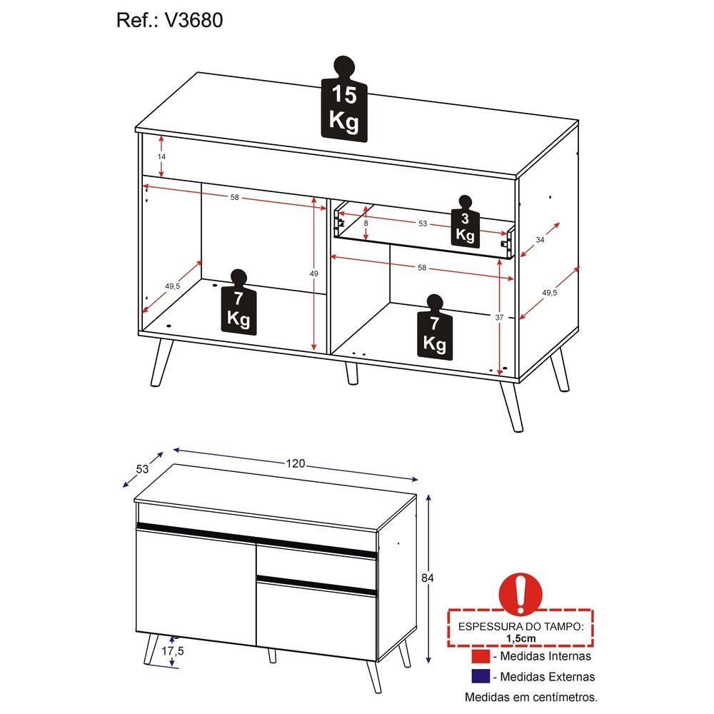 Balcão Cozinha 120cm 2 Portas 1 Gaveta Veneza Multimóveis V3680 Preto/Branco