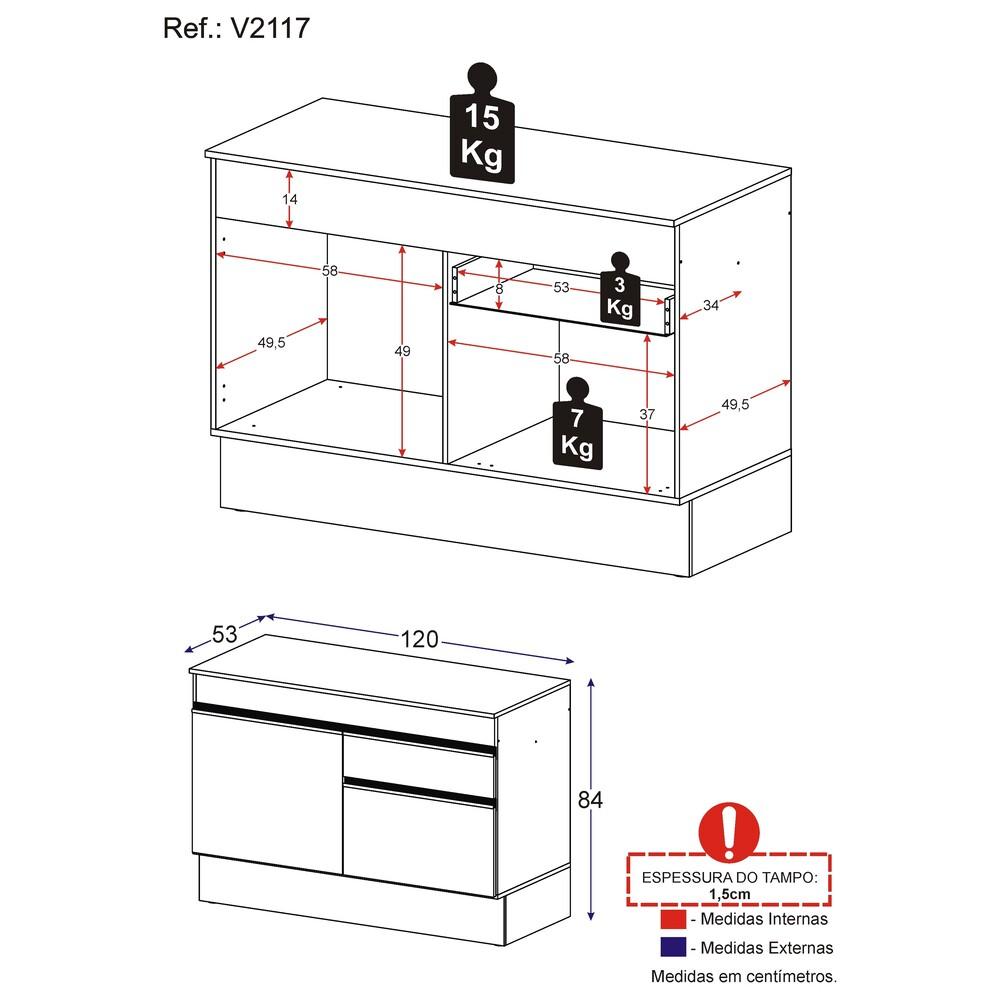 Balcão Cozinha 120cm com Rodapé 2 Portas 1 Gaveta Veneza Multimóveis V2117 Branco