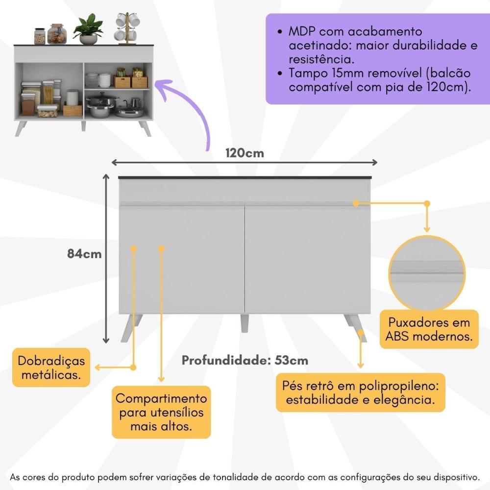 Balcão Cozinha Gabinete Pia 120 cm 2 Portas Veneza Multimóveis MP3738 Branco/Branco